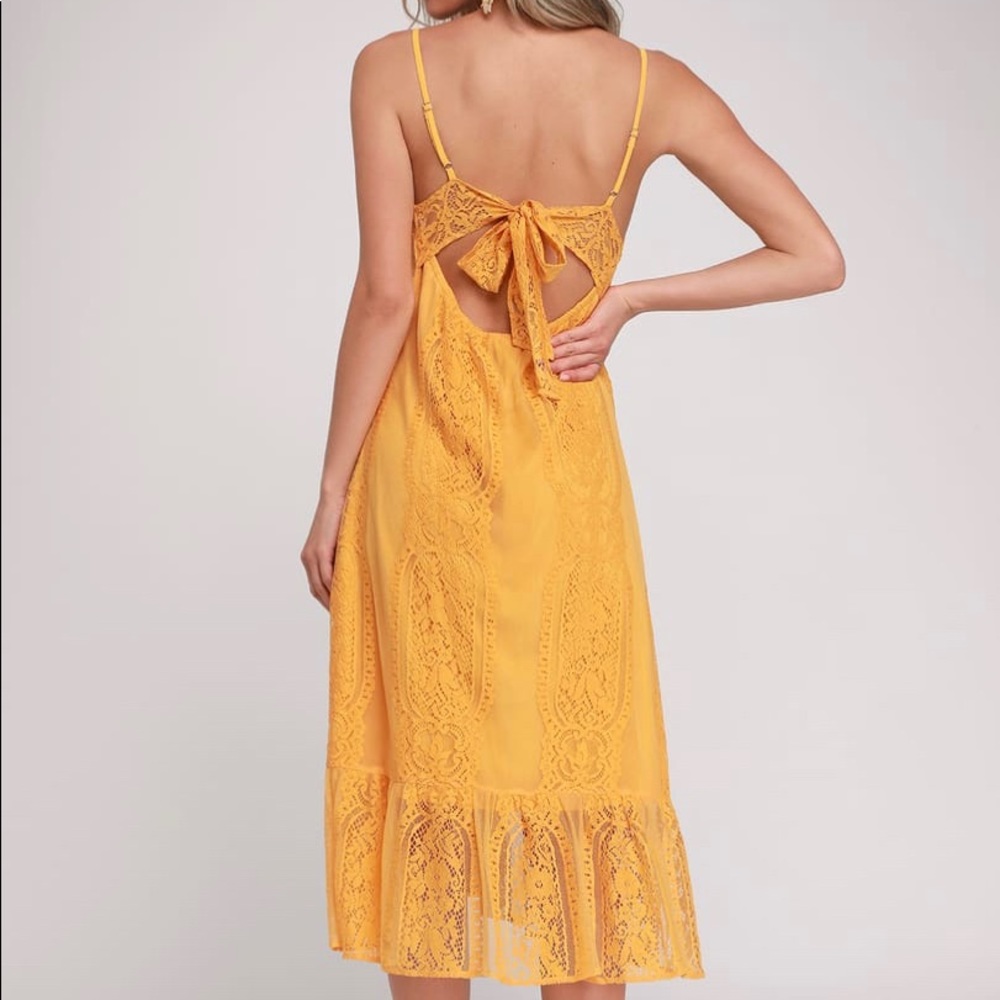 Lulus Zahria Golden Yellow Lace Button Front Midi Dress